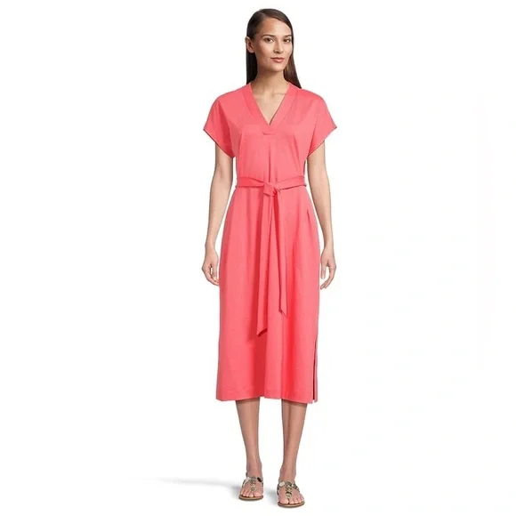 Tommy Bahama Islandscape Jersey Midi Dress NWT Melon Berry V Neck Pockets XS - Picture 2 of 16